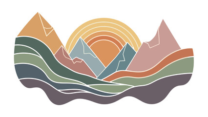 Abstract Boho Mountain Landscape with Sunset, Minimalist Mid Century Modern Nature Background, Pastel Aesthetic Peak and Hills Vector Illustration Isolated on Light Background