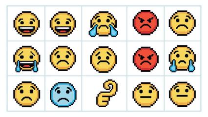 Pixel Art Emoji Set, Collection of Retro 8-bit Style Emoticons with Various Expressions, Cute Game UI Icons Isolated on White Background