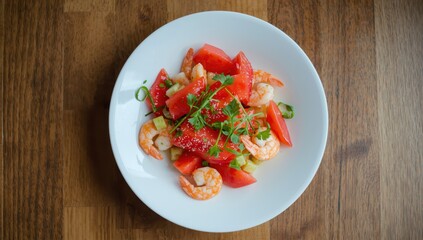 Tasty shrimp pomelo salad on a wooden table