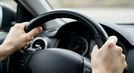 Close-up of a person's hands holding a steering wheel inside a car, driving on the road