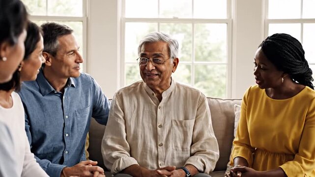 Diverse group of adults listening to senior man speak indoors