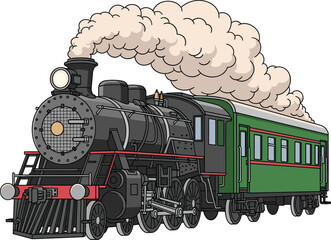 Vintage steam locomotive train with green passenger car blowing thick smoke isolated on white background for travel and transportation illustration © Mokbul