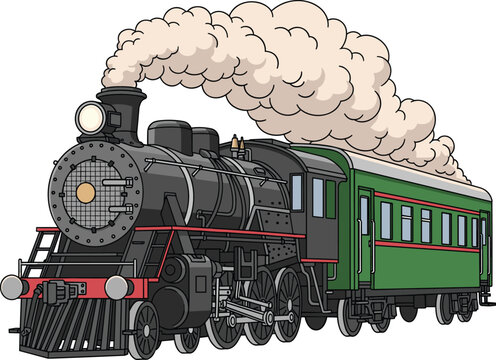 Vintage steam locomotive train with green passenger car blowing thick smoke isolated on white background for travel and transportation illustration