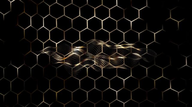 golden shiny hexagon structure, glowing honeycomb pattern with dotted wave isolated on black background, motion design element overlay template, rippled geometric shape