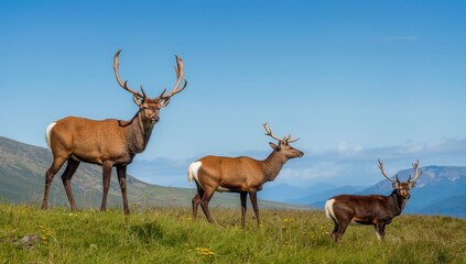 Fototapeta premium Three wild Scottish deer atop a hill, one with impressive antlers, another eating