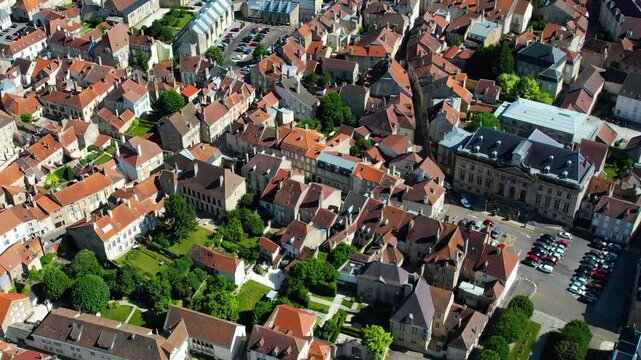 An Aerial panoramic view of the old town of the city  Langres on a sunny summer noon in France.