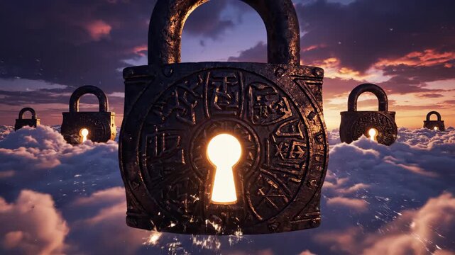 Surreal concept of secure passage with ornate locks floating above clouds at sunset