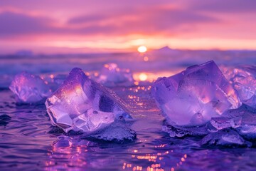 Obraz premium Beautiful ice shards reflecting the purple and orange sunset light on the frozen surface of lake baikal