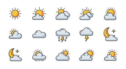 Weather Icons Illustrating Diverse Atmospheric Conditions Including Sunshine and Cloudy Skies