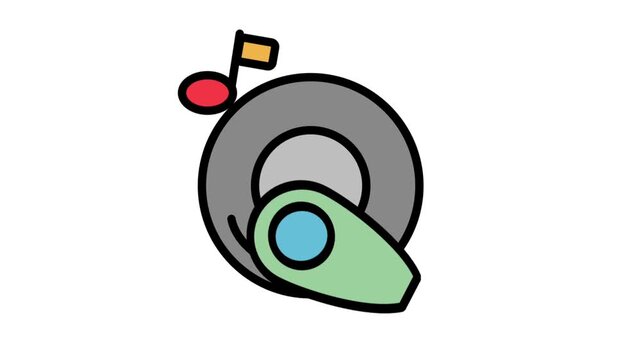 Turntable Vinyl Motion Icon. Colorful animated vinyl record player icon for DJ equipment, music hobbies, and retro audio entertainment.