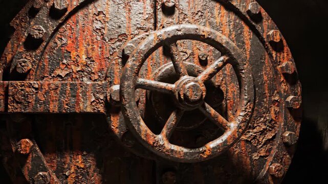 Close-up of a heavily rusted industrial valve wheel and metal door with peeling paint