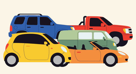 Fototapeta premium Colorful illustration of various cars and vehicles stacked together.