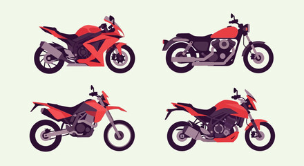Four red motorcycles with different designs and styles. © Abhinaya Project
