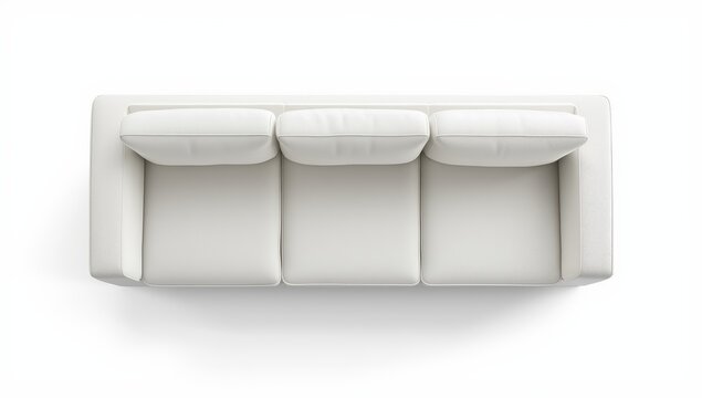 Top view of a three-seat white fabric sofa on a white background