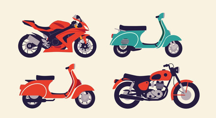 Vibrant Motorcycles and Scooters in Various Colors.