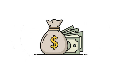 Obraz premium Dollar Money Bag and Stack of Cash Banknotes Flat Illustration