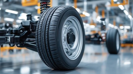 Fototapeta premium Detailed View of Automotive Undercarriage Components with Focus on Tire and Wheel Assembly in Industrial Setting