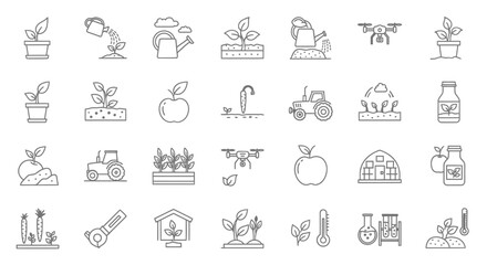 Fototapeta premium Agriculture and farming line icon collection. Includes planting, watering, harvesting, tractor, drone, greenhouse, and apple symbols. Created in outline style with black and white palette.