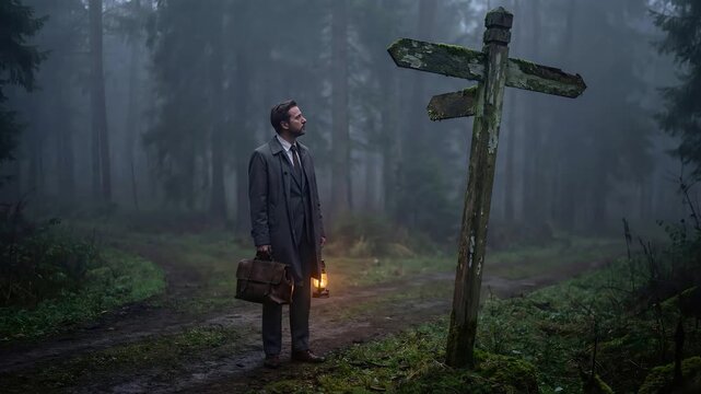 Caucasian man traveler in suit holding lantern and briefcase at crossroads in misty forest. Decision making and life path choices with copy space