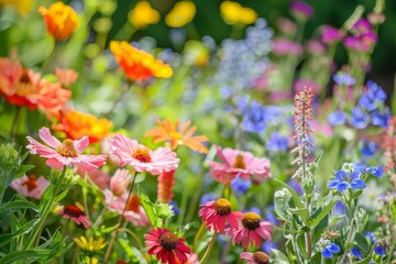 Obraz premium Colorful wildflowers blooming in a summer meadow, creating a vibrant and beautiful scene