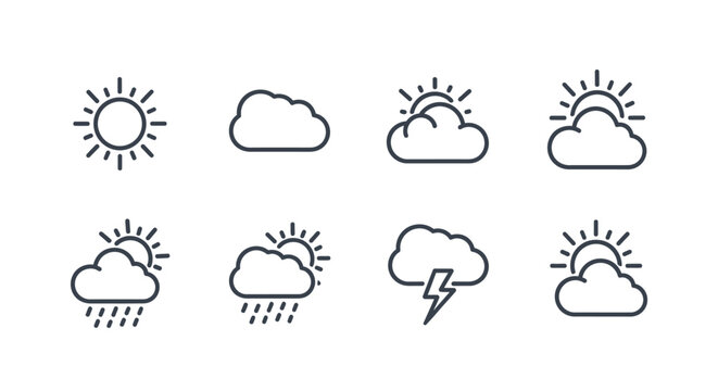 Weather icon set depicting sun, clouds, rain, and thunderstorms in a linear design.