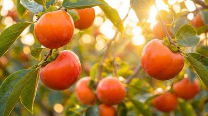 Verger de kakis m&ucirc;rs sur les branches d'un arbre sous une lumi&egrave;re solaire &eacute;clatante avec effet de bokeh