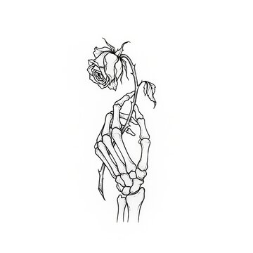 Hand drawn fine line skeleton hand holding dead rose tattoo sketch isolated on white background. Gothic illustration.
