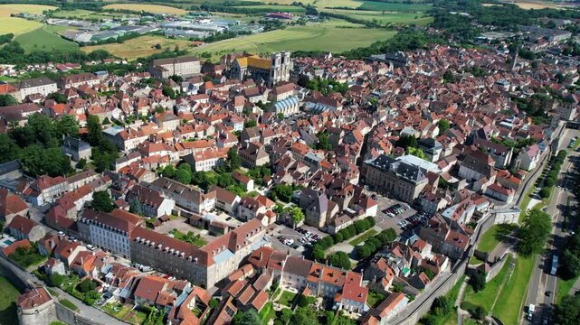 An Aerial panoramic view of the old town of the city  Langres on a sunny summer noon in France.