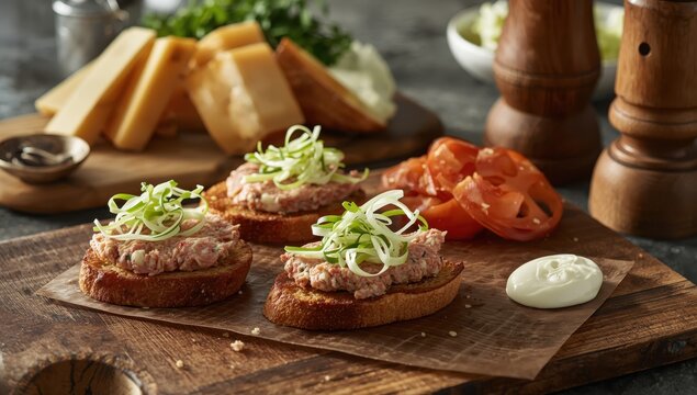 Tuna spread bruschetta topped with green onion, fish p&acirc;t&eacute; on a wooden platter