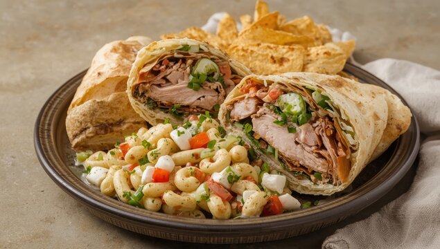 Turkey or chicken wraps with mozzarella pasta salad and veggie chips
