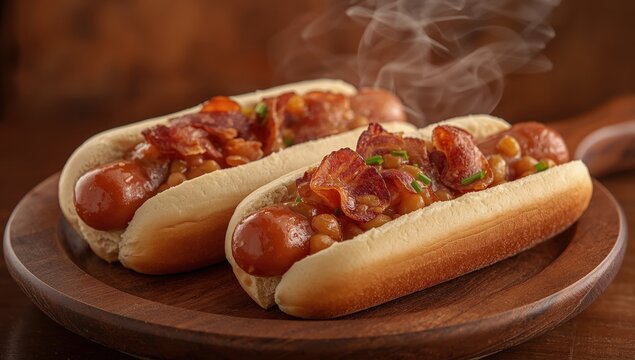 Two sausages accompanied by beans and bacon
