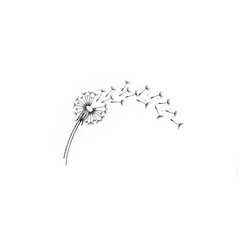 Hand drawn fine line Dandelion blowing in wind tattoo sketch isolated on white background. Motion illustration.