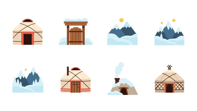 Traditional winter yurts and snow-capped mountains