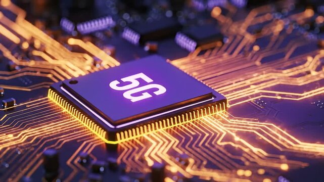 Close-up of a 5G microchip, representing advanced telecommunications and high-speed internet technology