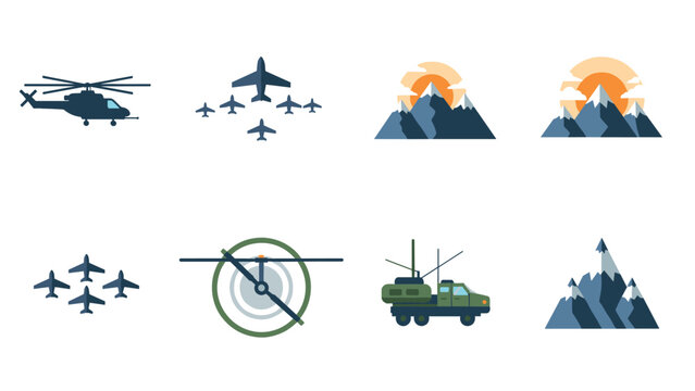 Military aircraft and mountain landscape icons in flat design