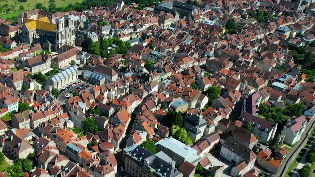 An Aerial panoramic view of the old town of the city  Langres on a sunny summer noon in France.