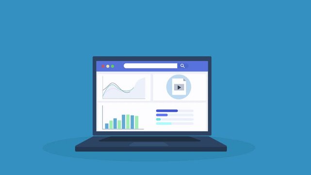 Animated laptop displaying schedule dashboard interface with charts and clock icon, representing time management, productivity tracking, and digital workflow monitoring.
