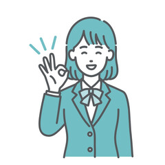 OKサインを出す・賛成するティーン女性・女子学生のイラスト（笑顔・制服・上半身）