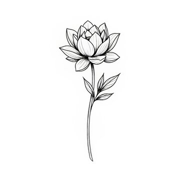 Hand drawn fine line Lotus flower tattoo sketch isolated on white background. Minimalist botanical illustration.