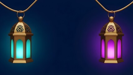 Obraz premium Ramadan Kareem Banner: Pair of Glowing Cyan and Purple 3D Lanterns on Dark Background