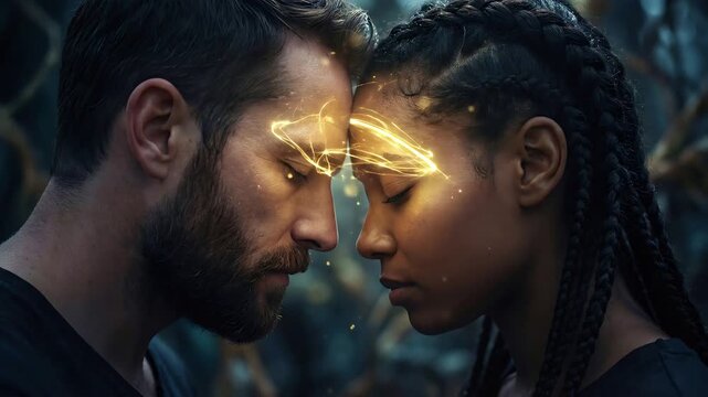 Caucasian man and African American woman partners touching foreheads with glowing energy light. Mental connection and relationship unity