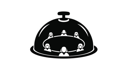 Obraz premium Business team meeting under covered serving dish concept, partnership and collaboration symbol, modern illustration for corporate, teamwork, and strategy