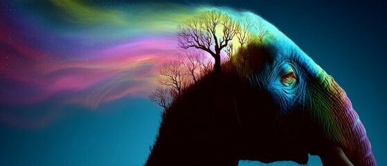 Surreal Colorful Elephant With Tree Silhouettes And Aurora-Like Light Trails, Dreamy Double Exposure Artwork