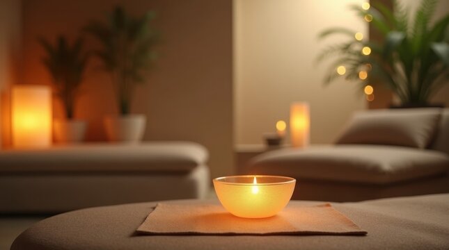 Interior de terapia de bienestar con iluminaci&oacute;n ambiental c&aacute;lida y regulable, objeto focal claro y fondo relajante suavemente difuminado