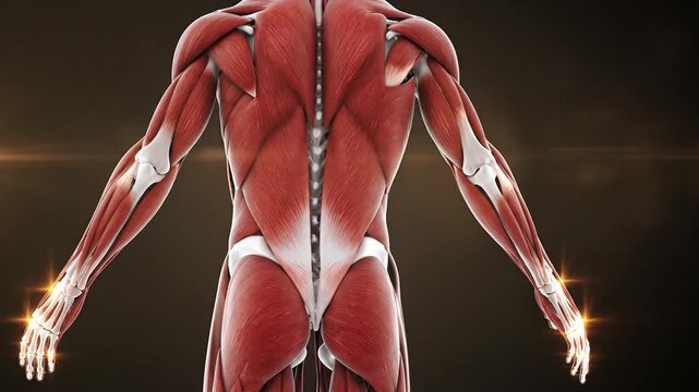 Anatomical illustration of the human muscular system showing posterior view with highlighted joints and muscles on a dark background, medical and science concept