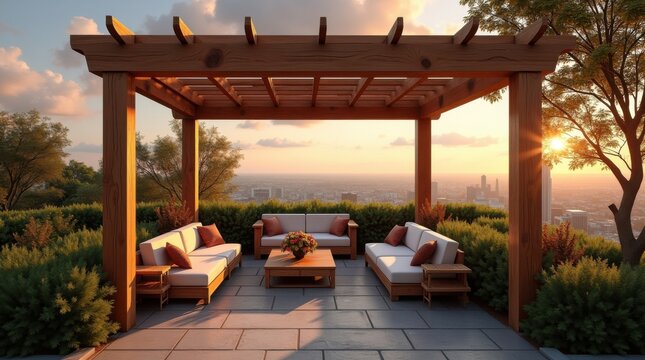 P&eacute;rgola de madera con vetas naturales y tonos c&aacute;lidos en una terraza en la azotea