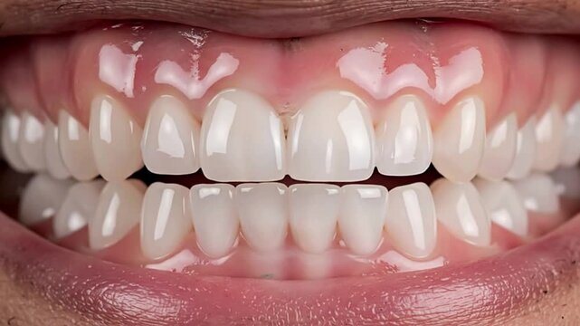 Close-up of a person's perfectly aligned white teeth with healthy gums.