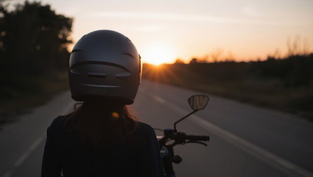 Woman in a helmet by a motorcycle at sunset, seen from behind
