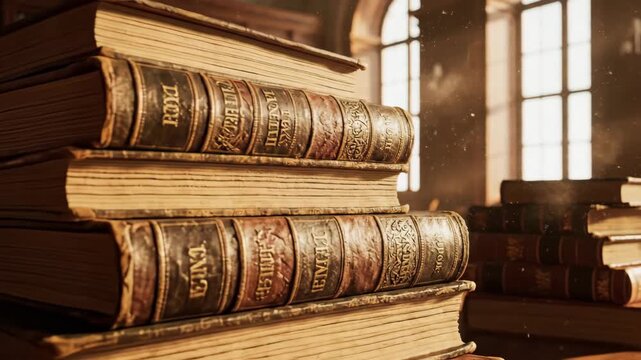 Antique leather bound books stacked in a dimly lit library with dust particles floating