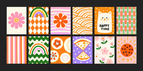 Colorful patterned cards featuring flowers rainbows cats and playful objects